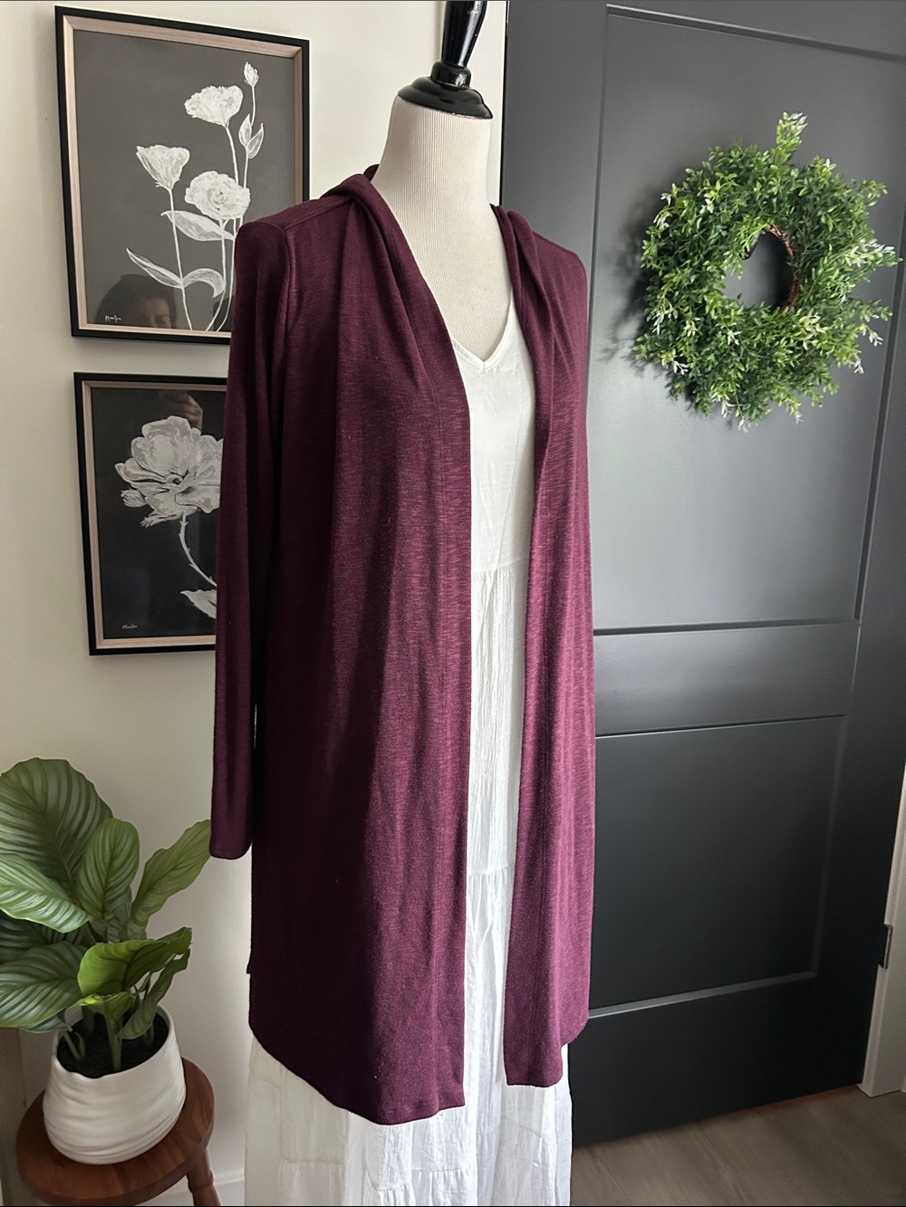 🌸S extra long Open-Front Hooded Cardigan Sweater - Deep Plum